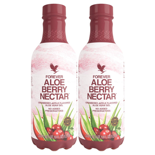 Forever Living Aloe Berry Nectar bottle pouring a refreshing, preservative-free aloe drink.
