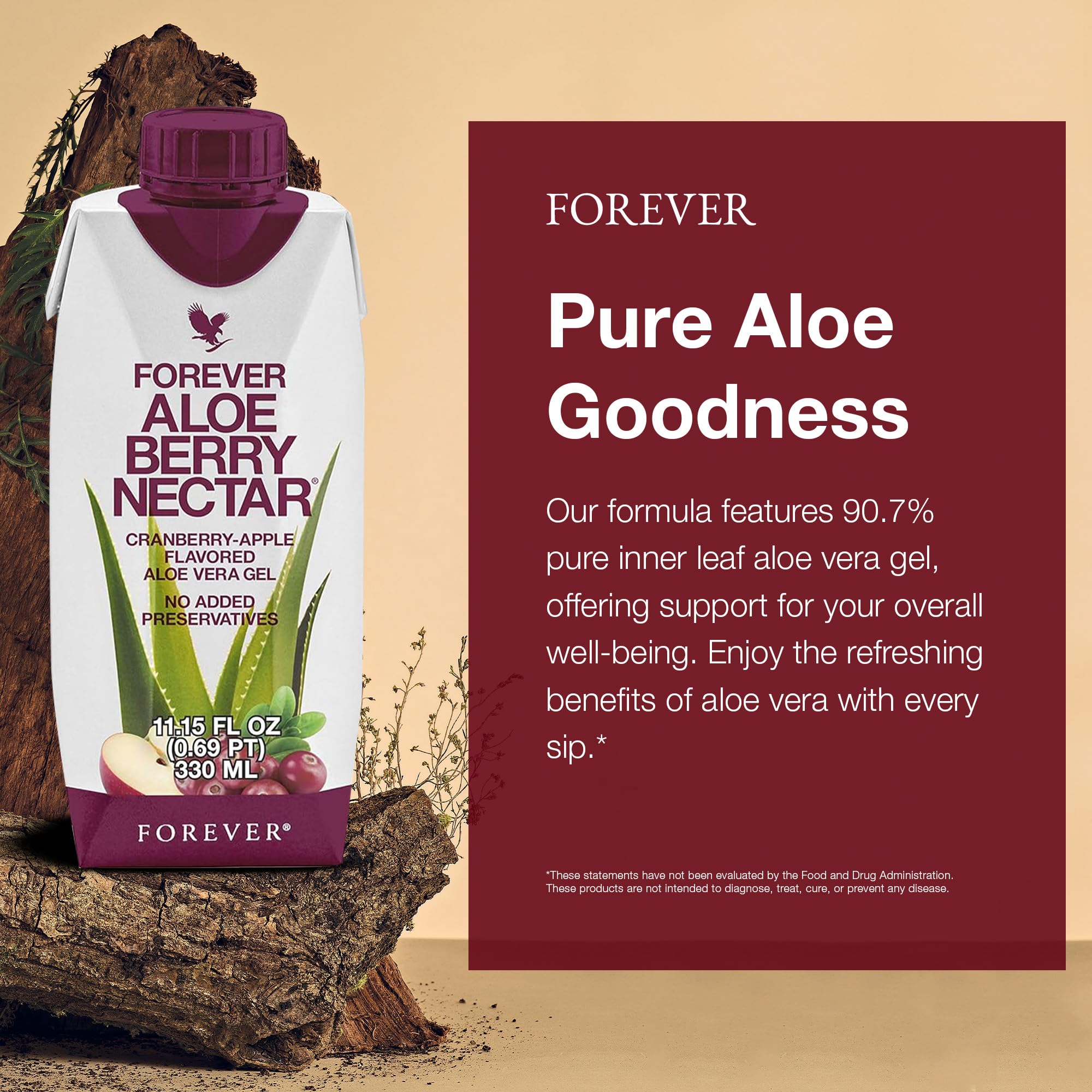 Forever Aloe Berry Nectar label close-up shows preservative-free formula.