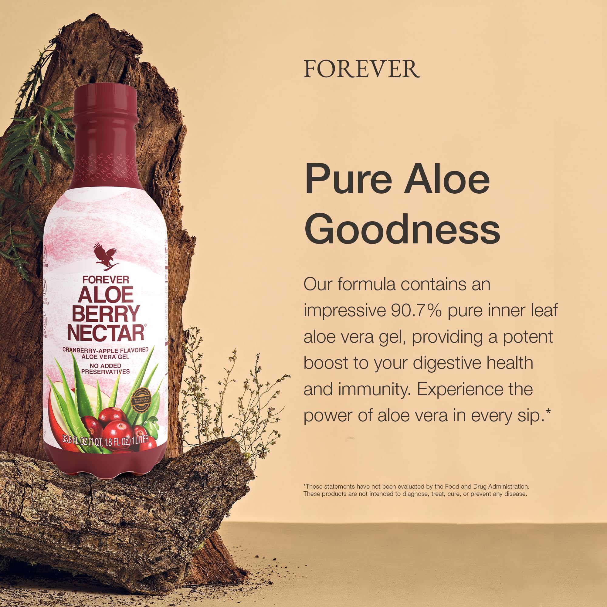 Forever Living Aloe Berry Nectar label shows no preservatives for clean drinking.