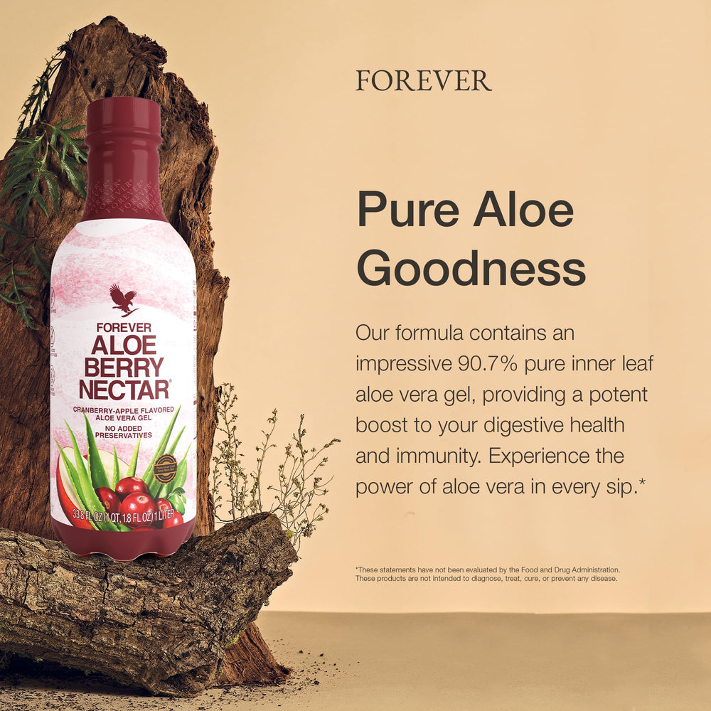 Forever Living Aloe Berry Nectar label shows no preservatives for clean drinking.