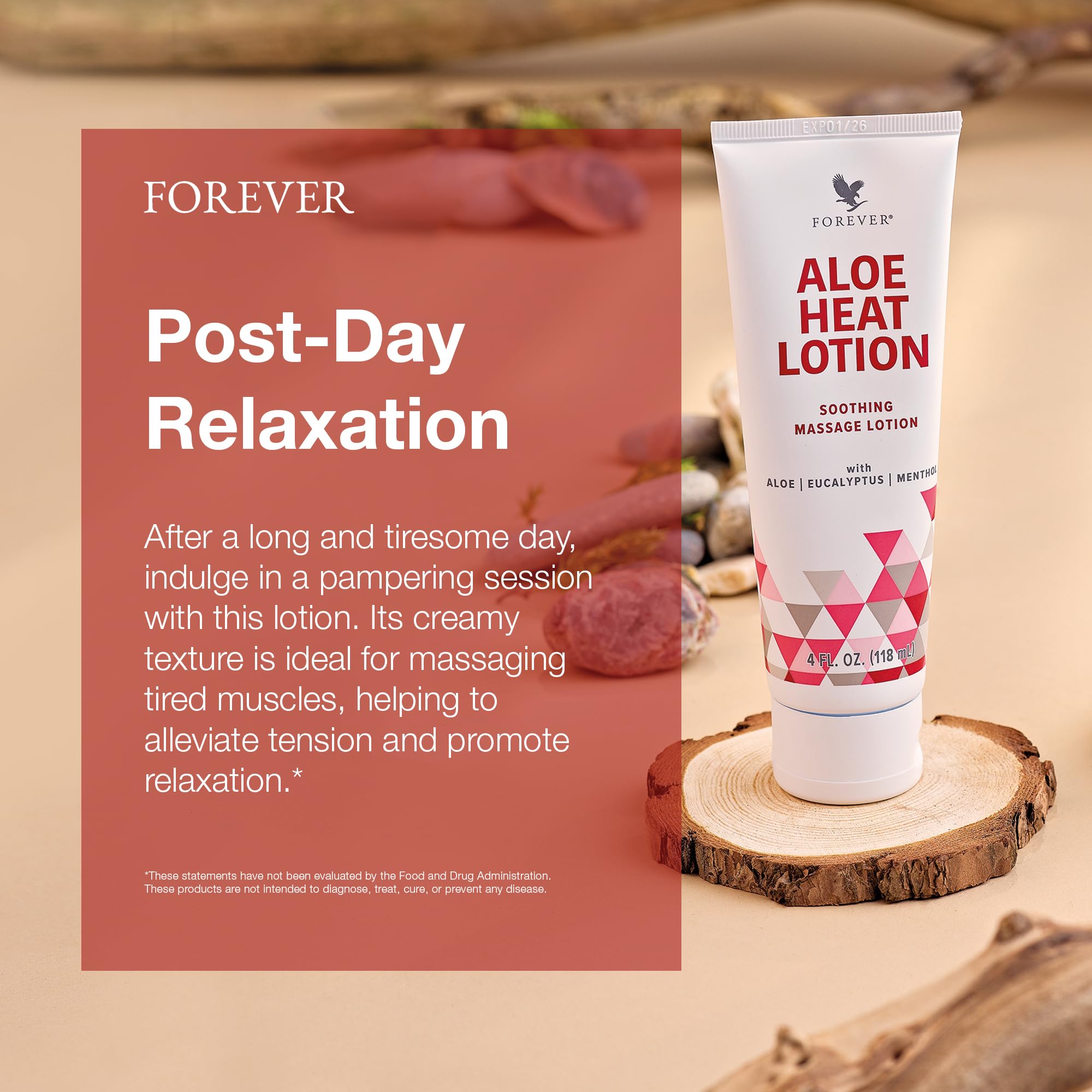 Forever Living Aloe Heat Lotion massage application demonstrates relaxing muscles.