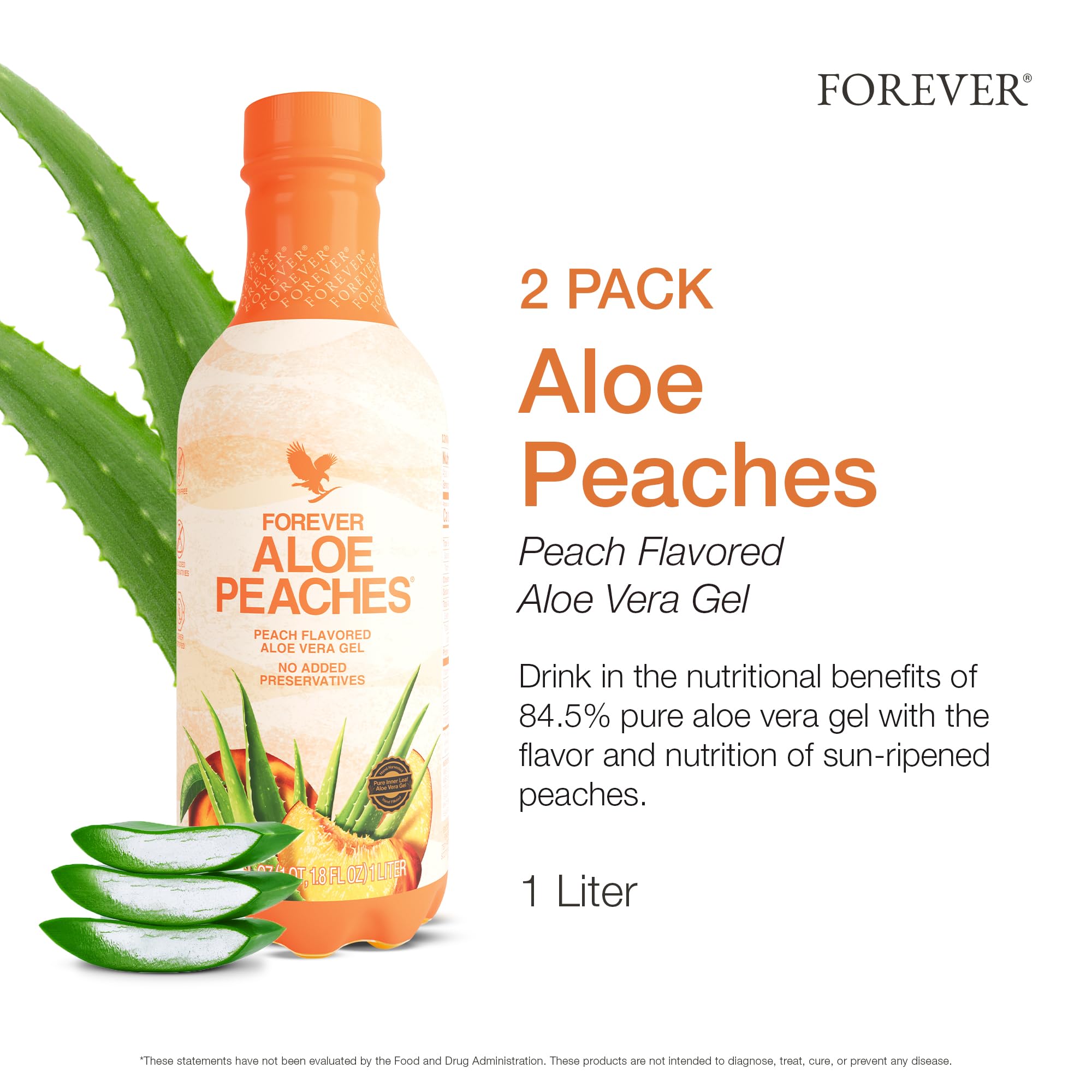 Forever Living Aloe Peaches bottle back label shows vegan and gluten-free