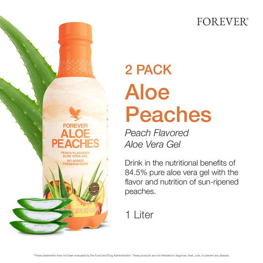 Forever Living Aloe Peaches bottle back label shows vegan and gluten-free