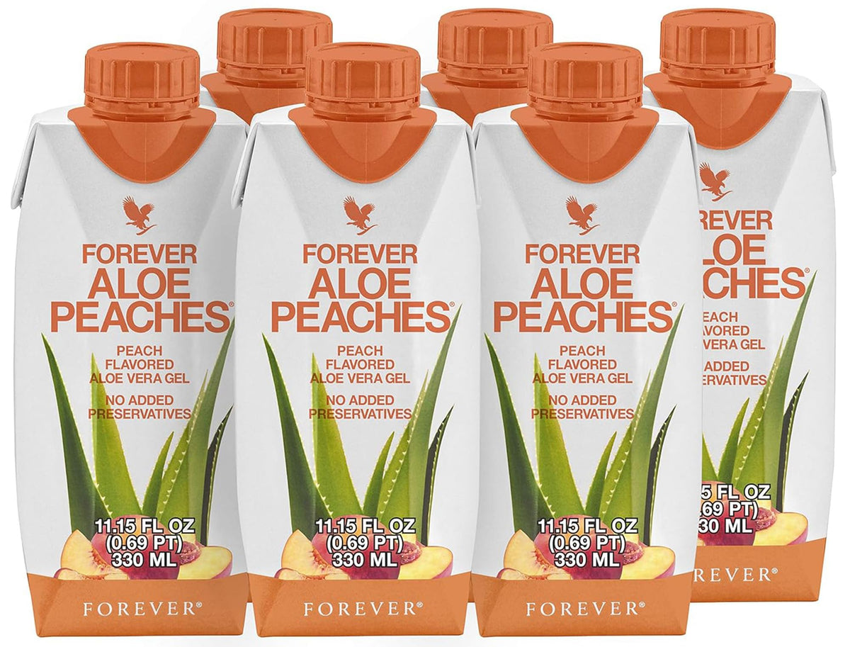 Forever Living Aloe Peaches bottle shows pure aloe and peach flavors for daily use