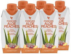 Forever Living Aloe Peaches bottle shows pure aloe and peach flavors for daily use