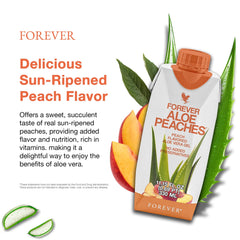 Forever Aloe Peaches label close-up indicating vegan and gluten-free formulation