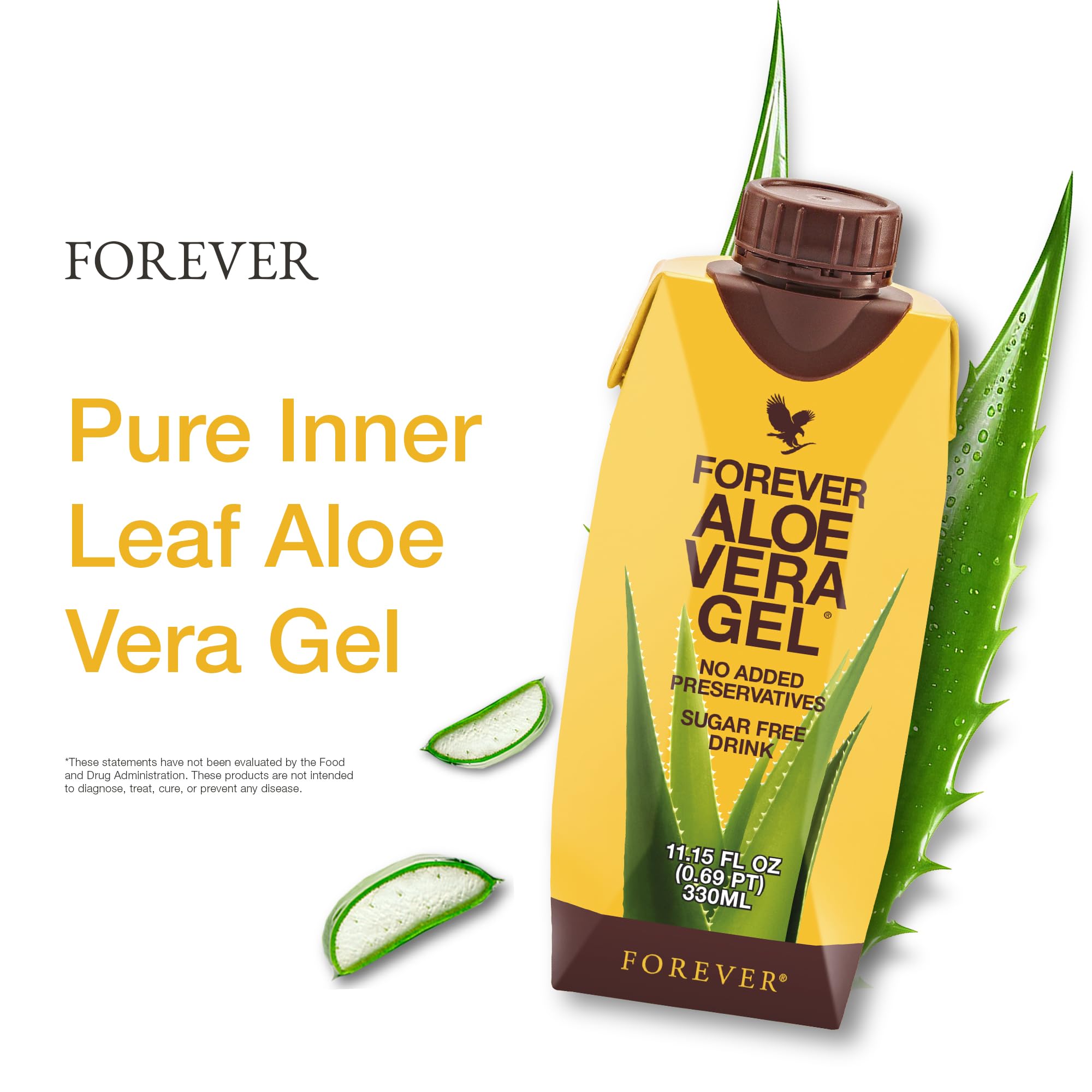 Forever Living Aloe Vera Gel label detail, aseptic processing and preservative-free assurance.