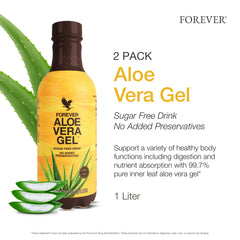 Forever Living Aloe Vera Gel bottle closeup label highlighting preservative-free inner leaf formula.