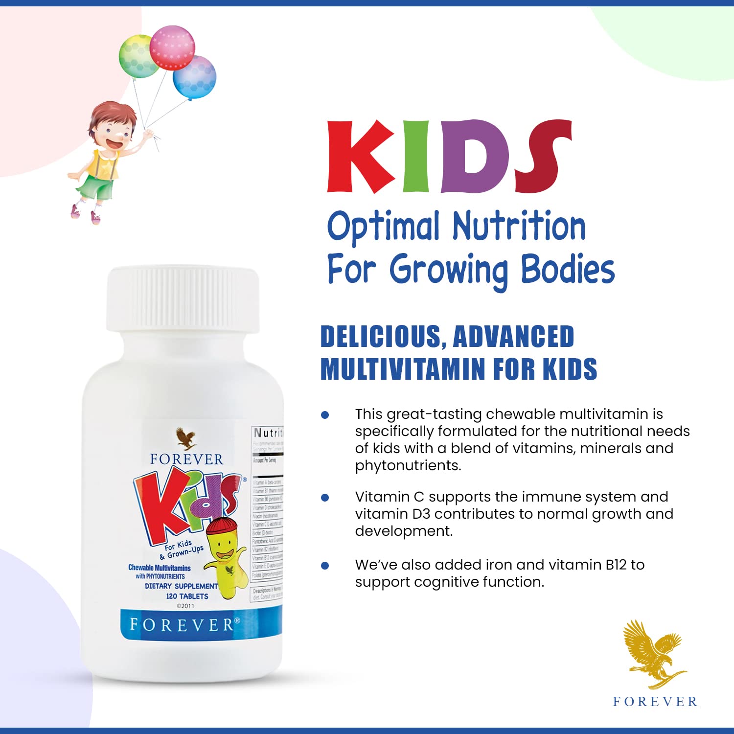 Forever Living kid-friendly packaging shows easy-to-use vitamins for busy families