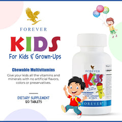 Forever Living Kids Chewable Multivitamin grape pack packaging showing no artificial flavors