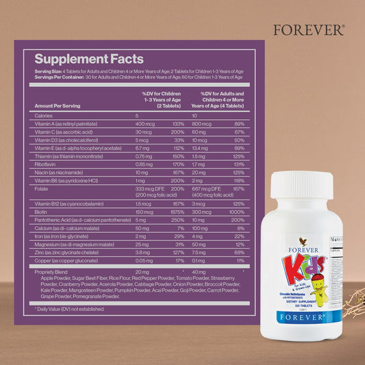 Forever Living Kids Chewable Multivitamin grape tablets closeup highlighting gluten-free formulation