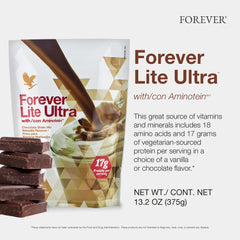 Forever Living Lite Ultra Chocolate scoop indicates 17 g protein per serving.