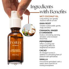 Foria Awaken Oil ingredients—kava root and spices—emphasizing natural sensory stimulation.