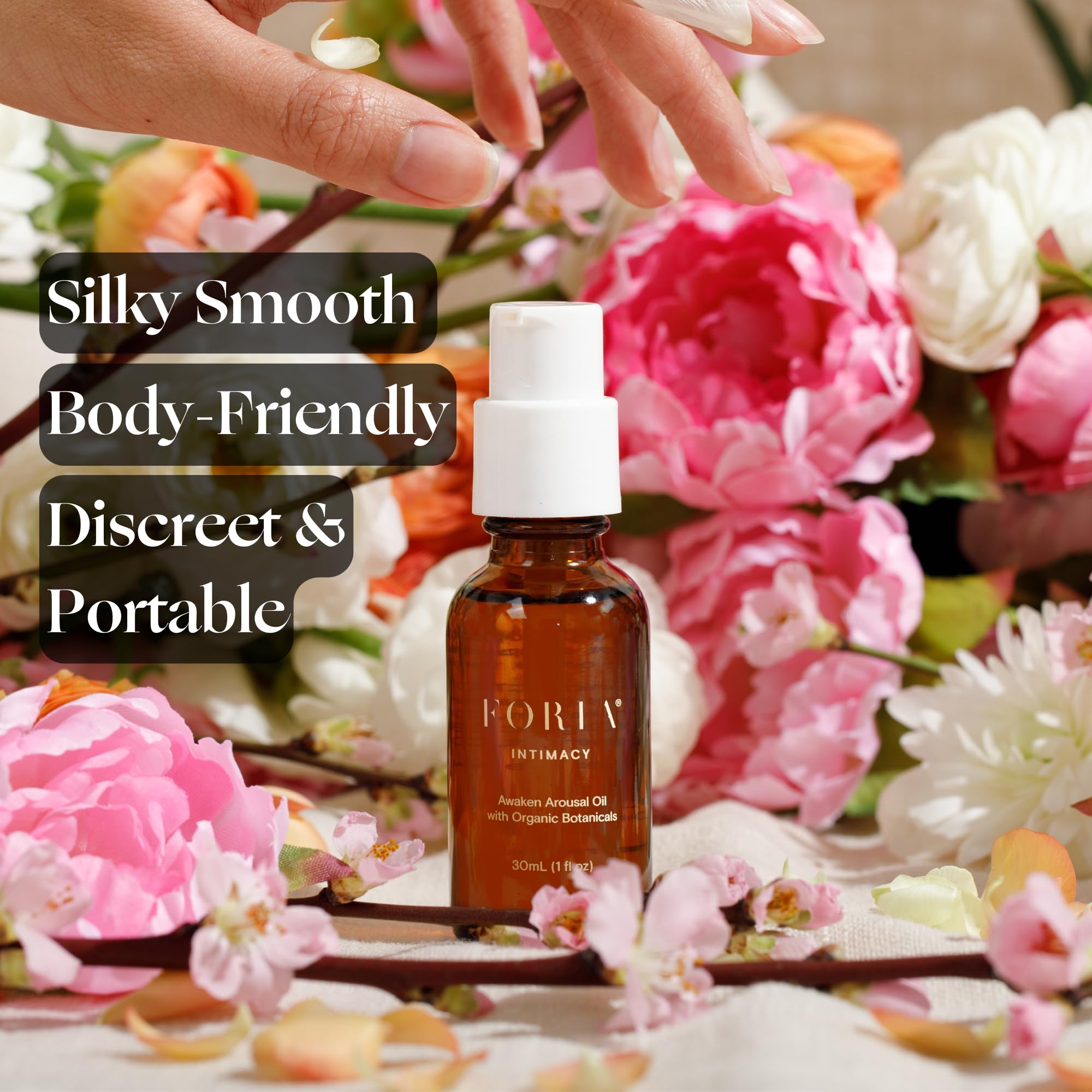 Foria Awaken Oil pump-dispense shot showing easy, mess-free application for intimate use.