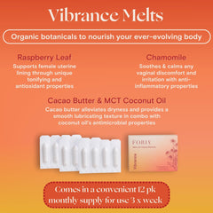 FORIA Vibrance Melts ingredients image featuring cocoa butter, chamomile, and raspberry leaf for soothing hydration.