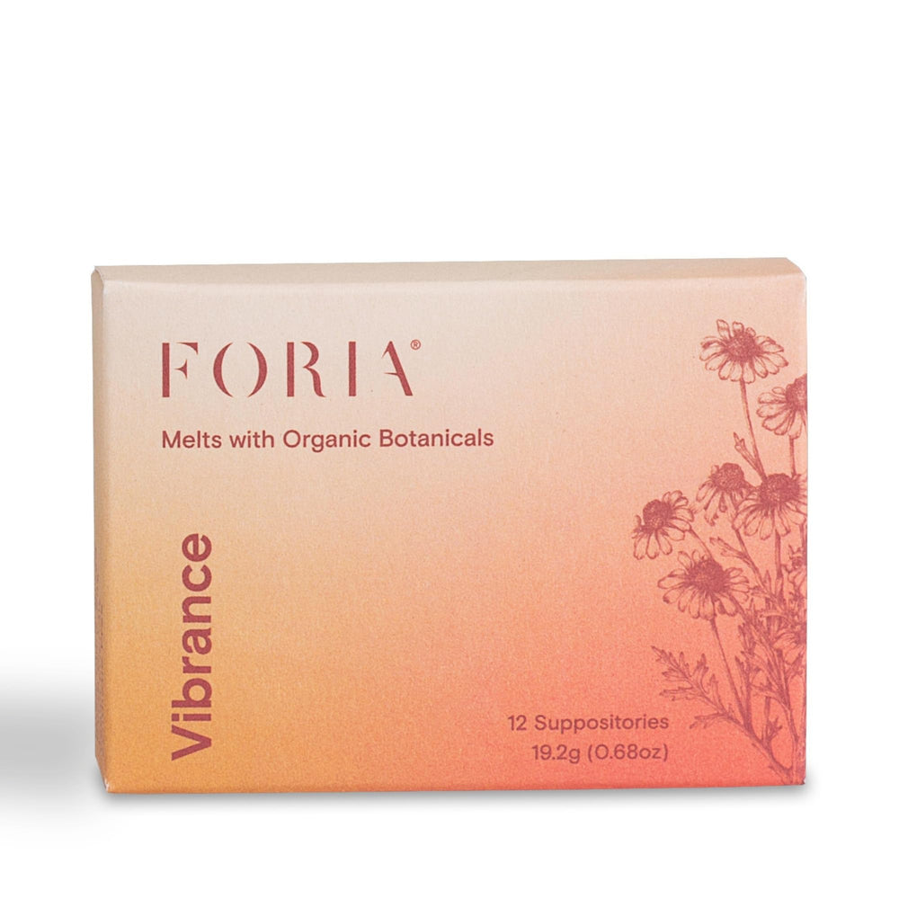 FORIA Vibrance Melts packaging on a clean surface, fragrance-free hydration for intimate care.