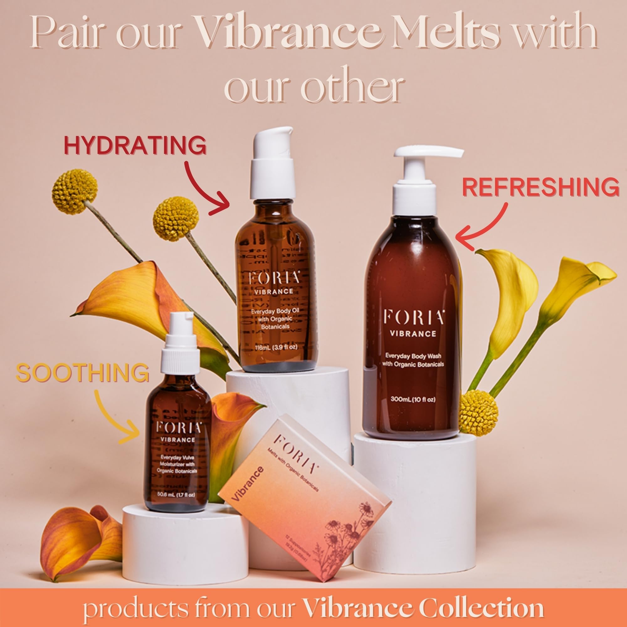 FORIA Vibrance Melts vegan ingredients photo emphasizing natural, clean feminine care.