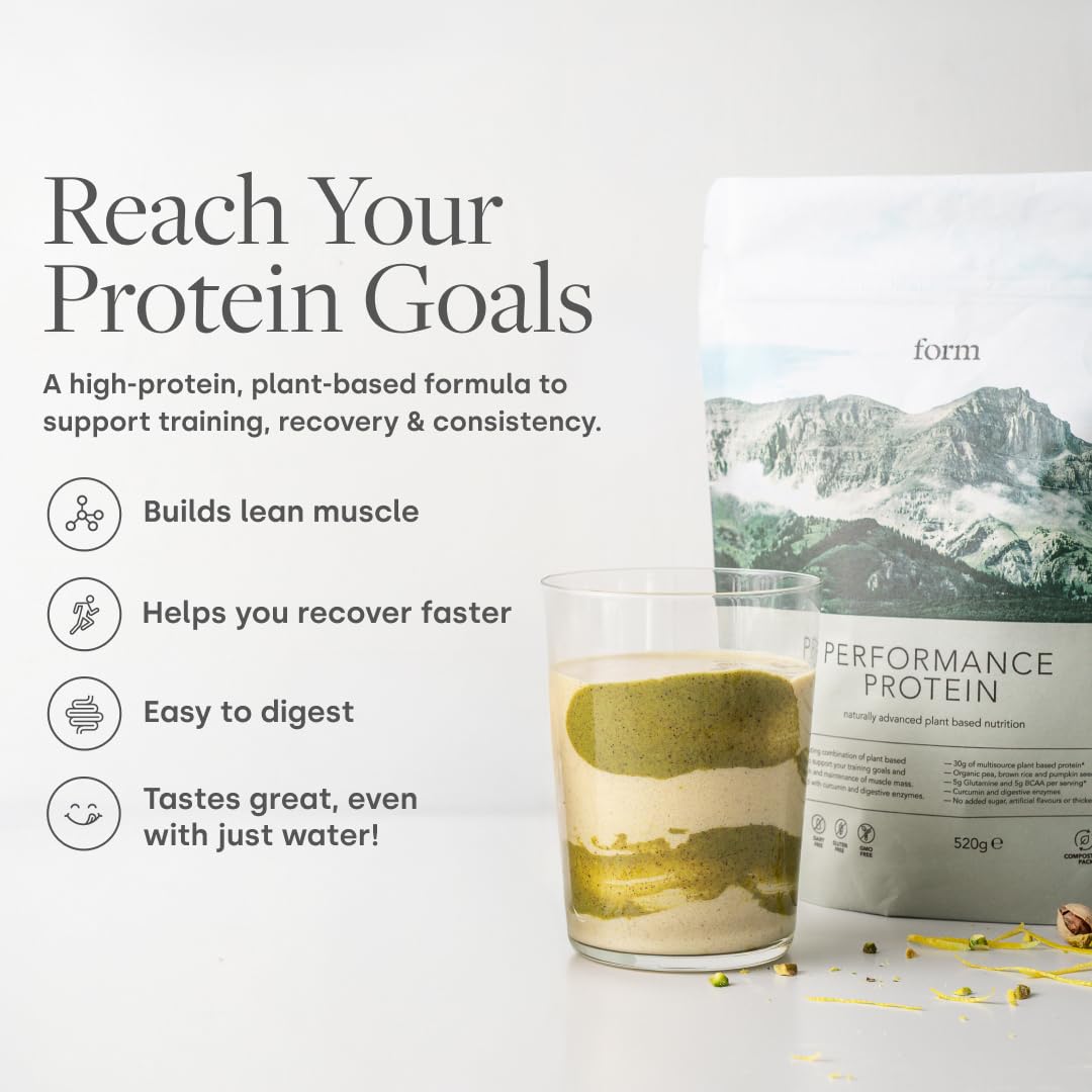 Close-up of Form Performance Protein chocolate peanut powder highlighting plant-based protein