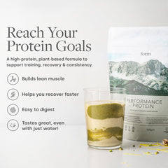Close-up of Form Performance Protein chocolate peanut powder highlighting plant-based protein