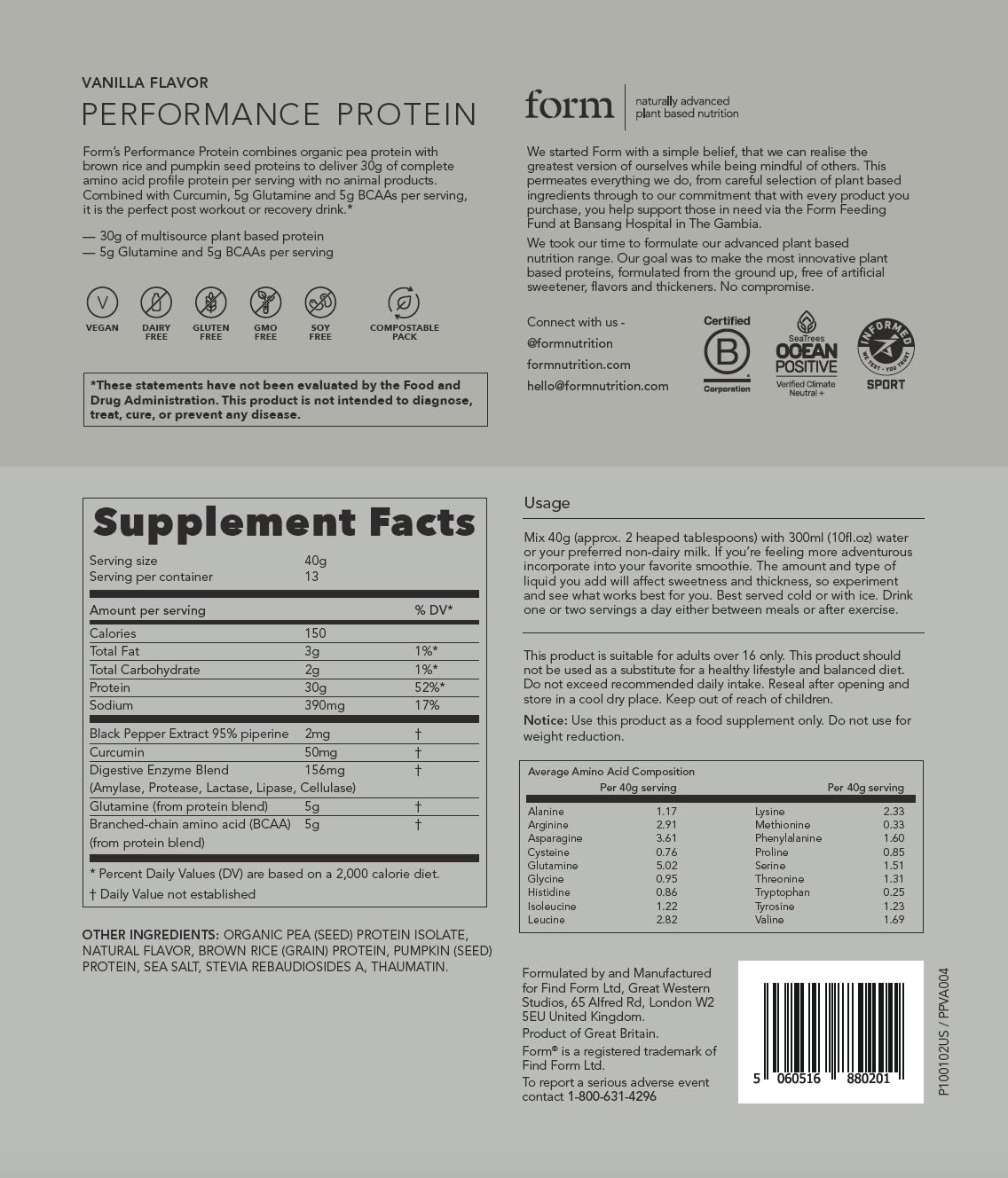 Form Performance Protein informed sport certificate conveys quality and safety assurance.