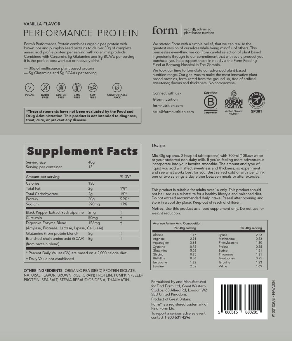 Form Performance Protein informed sport certificate conveys quality and safety assurance.