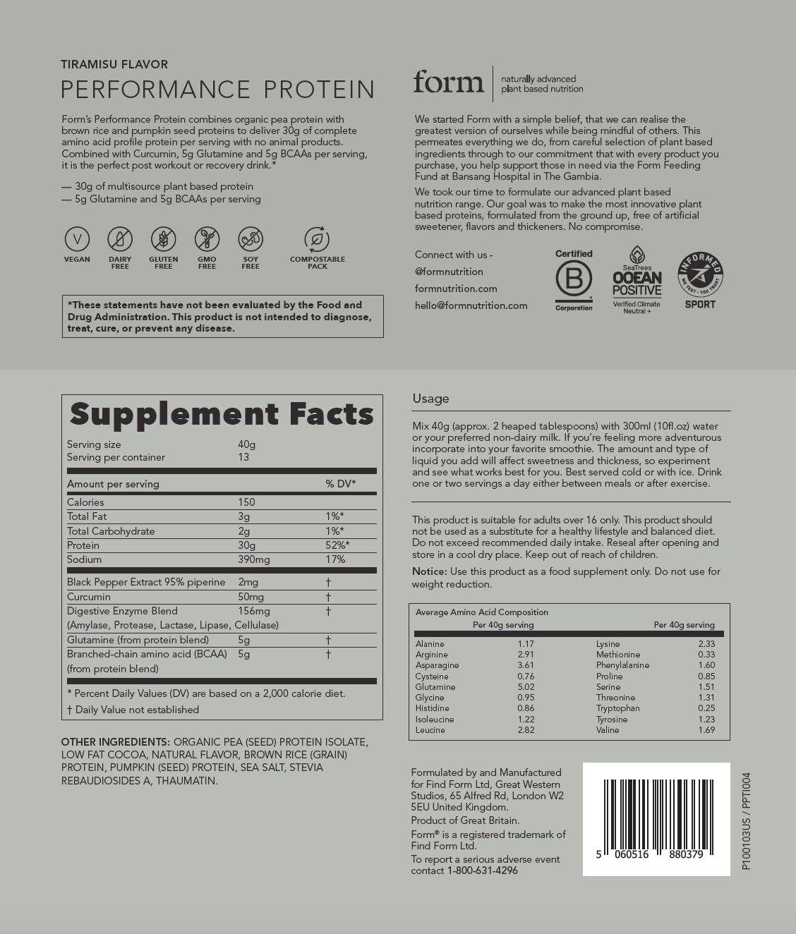 Form Performance Protein tiramisu gluten-free and dairy-free label on tub
