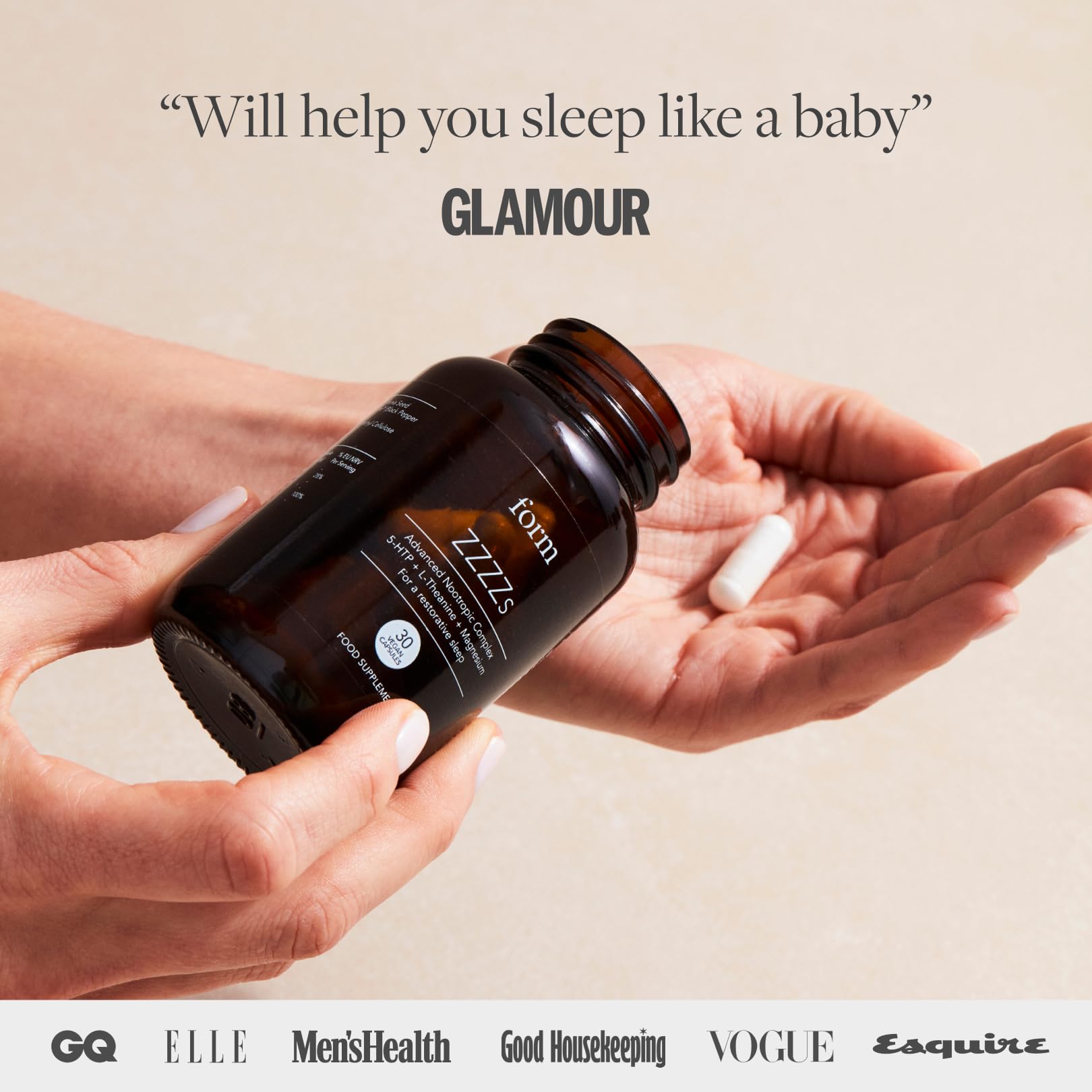 Form ZZZZs capsules close-up shows 5-HTP, glycine, and theanine for relaxation.