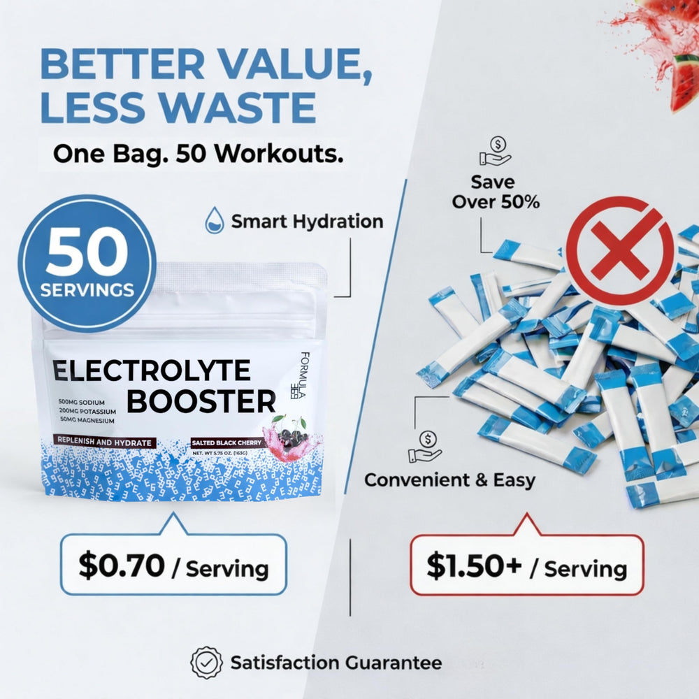 Scoop of Formula 369 electrolyte powder beside a glass for at-home workouts.