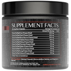Formulation Factory beef liver capsules bottle with label emphasizing the 10-in-1 organ blend.