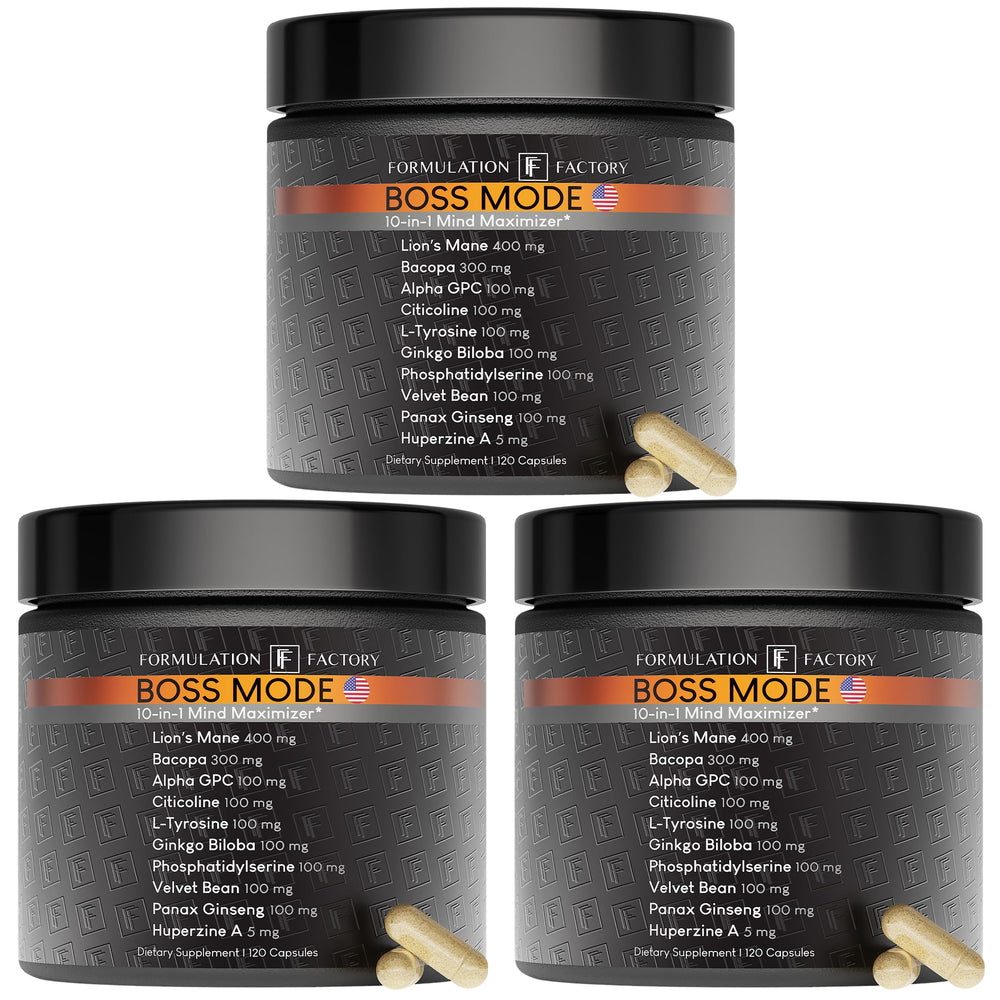 Formulation Factory Boss Mode bottle front view supports daily focus and clarity.