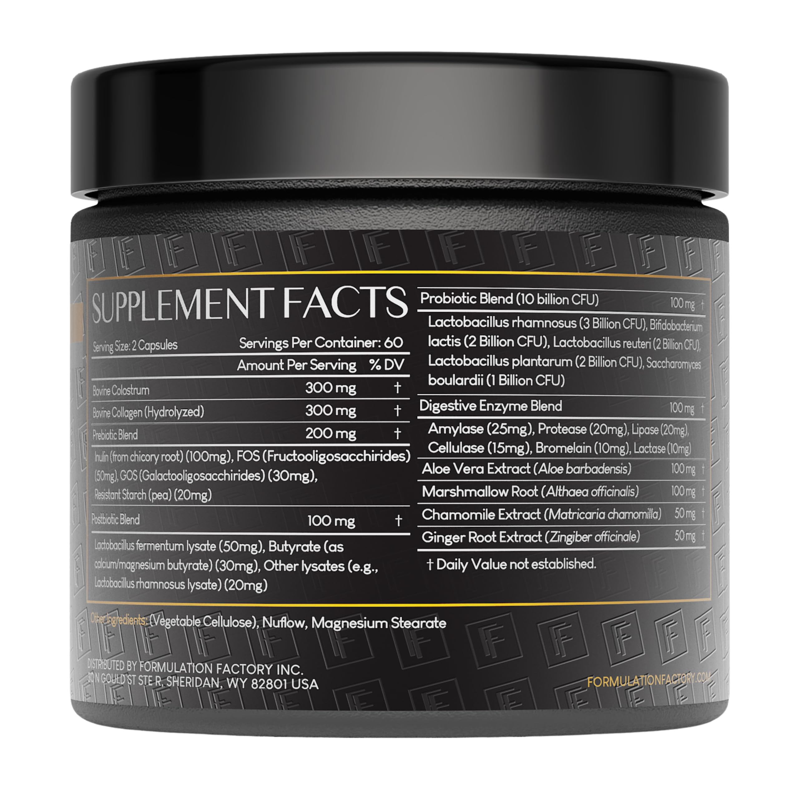 Formulation Factory Gut Intellect bottle back shows capsule sleeve and dosage guidance