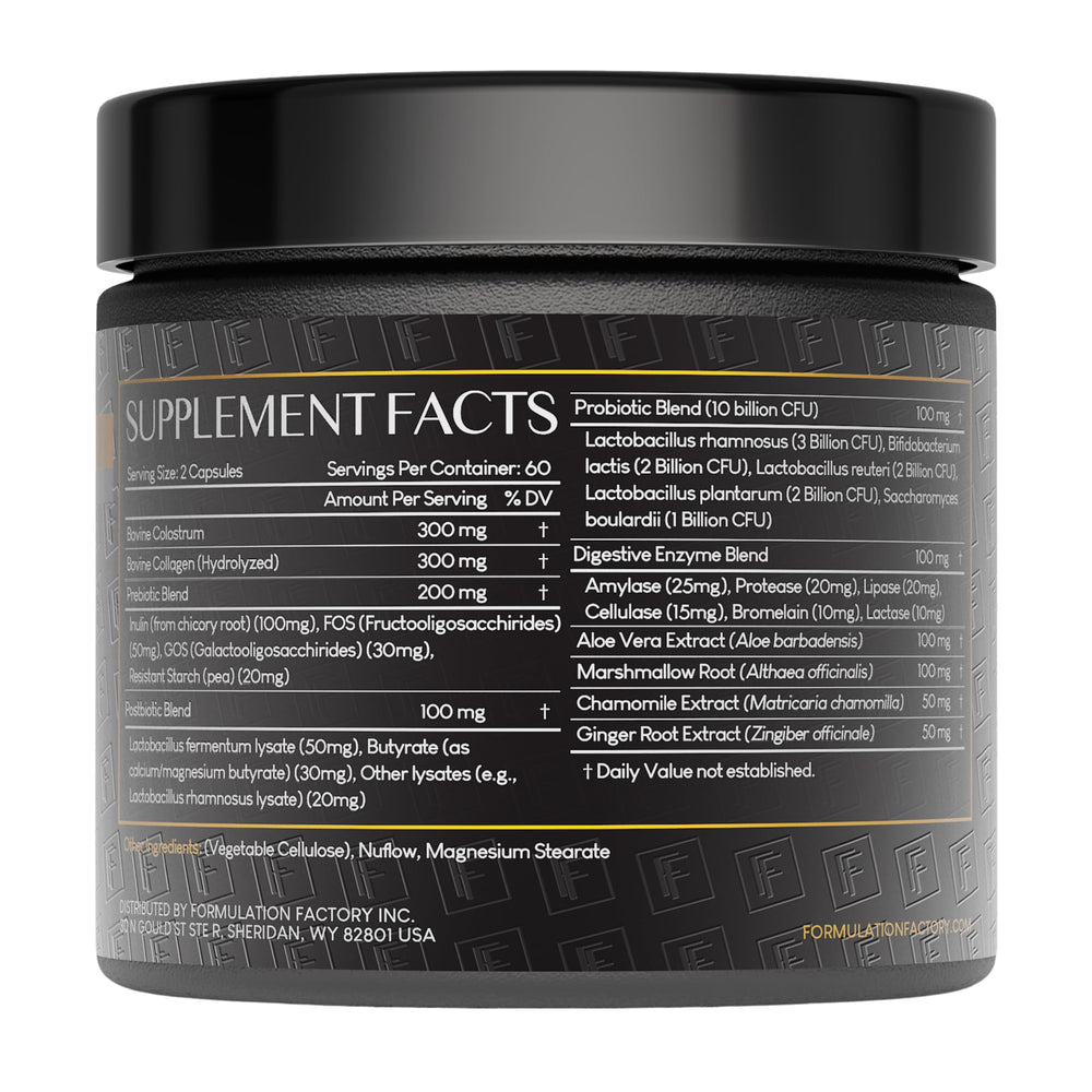 Formulation Factory Gut Intellect bottle back shows capsule sleeve and dosage guidance