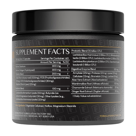 Formulation Factory Gut Intellect bottle back shows capsule sleeve and dosage guidance