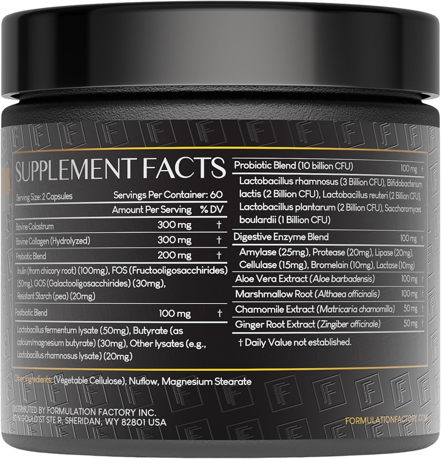 Formulation Factory Gut Intellect capsules on slate offer easy daily intake for digestion support.