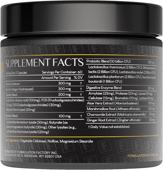 Formulation Factory Gut Intellect capsules on slate offer easy daily intake for digestion support.