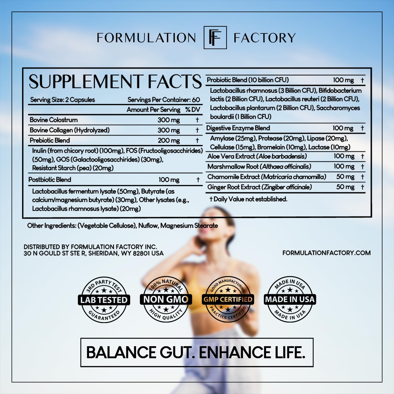 Formulation Factory Gut Intellect label closeup reveals clean ingredients and branding