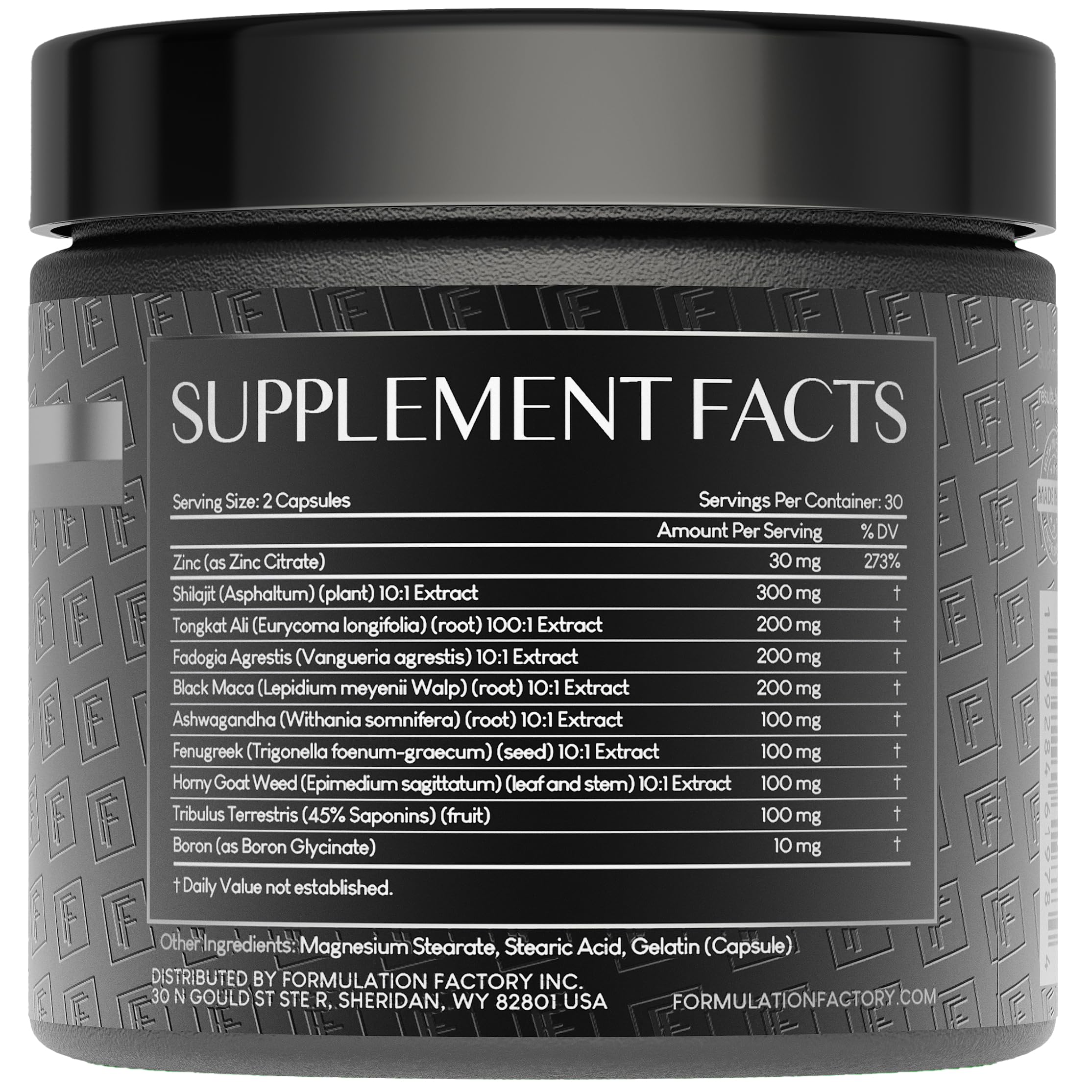 Formulation Factory ingredients graphic featuring shilajit, tongkat ali, saw palmetto for a thoughtful blend.