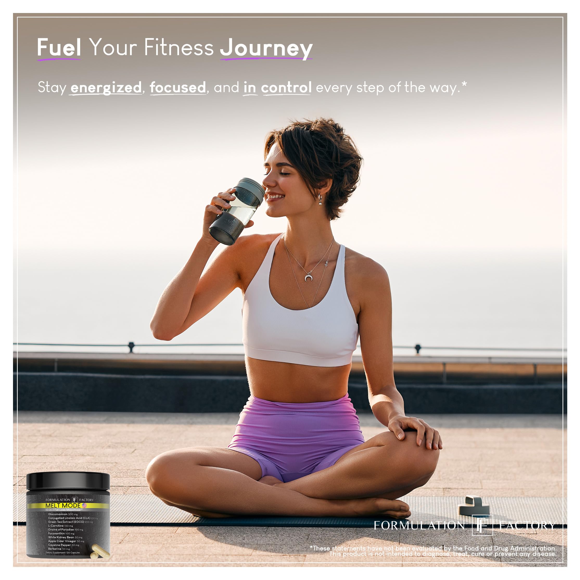 Formulation Factory Melt Mode ingredient list highlights glucomannan and green tea benefits.