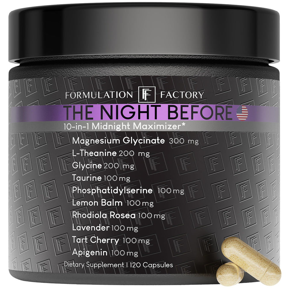 The Night Before bottle closeup by Formulation Factory signals premium sleep aid design for calmer nights.