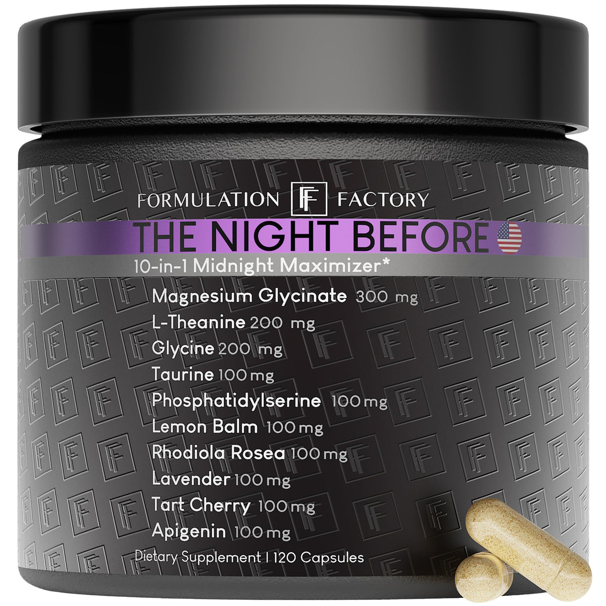 The Night Before bottle closeup by Formulation Factory signals premium sleep aid design for calmer nights.