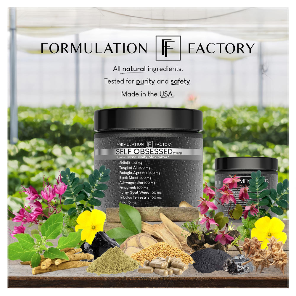 Formulation Factory packaging scene conveys trusted men's wellness solution.