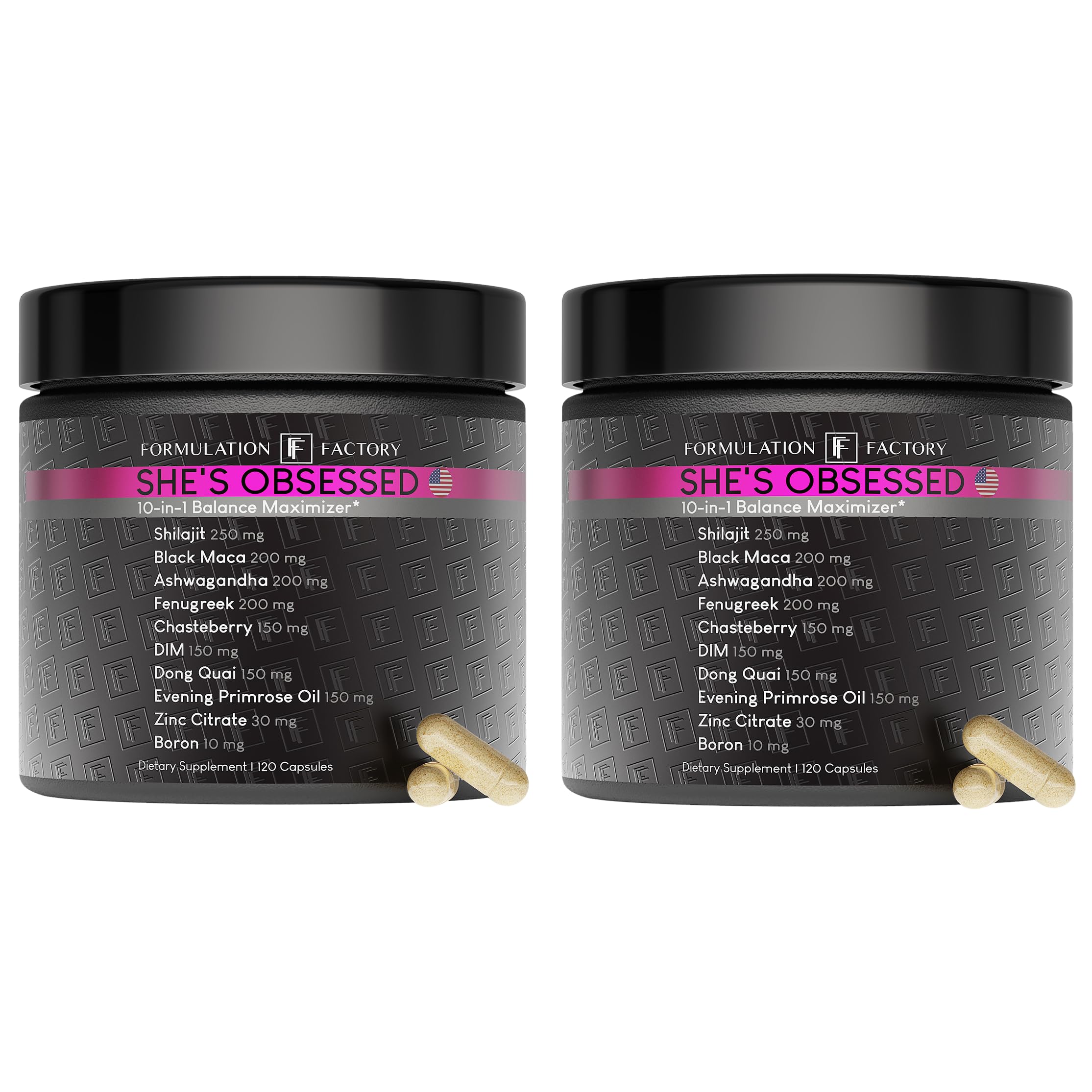 Formulation Factory She's Obsessed bottle pour showing easy daily dosing for balance