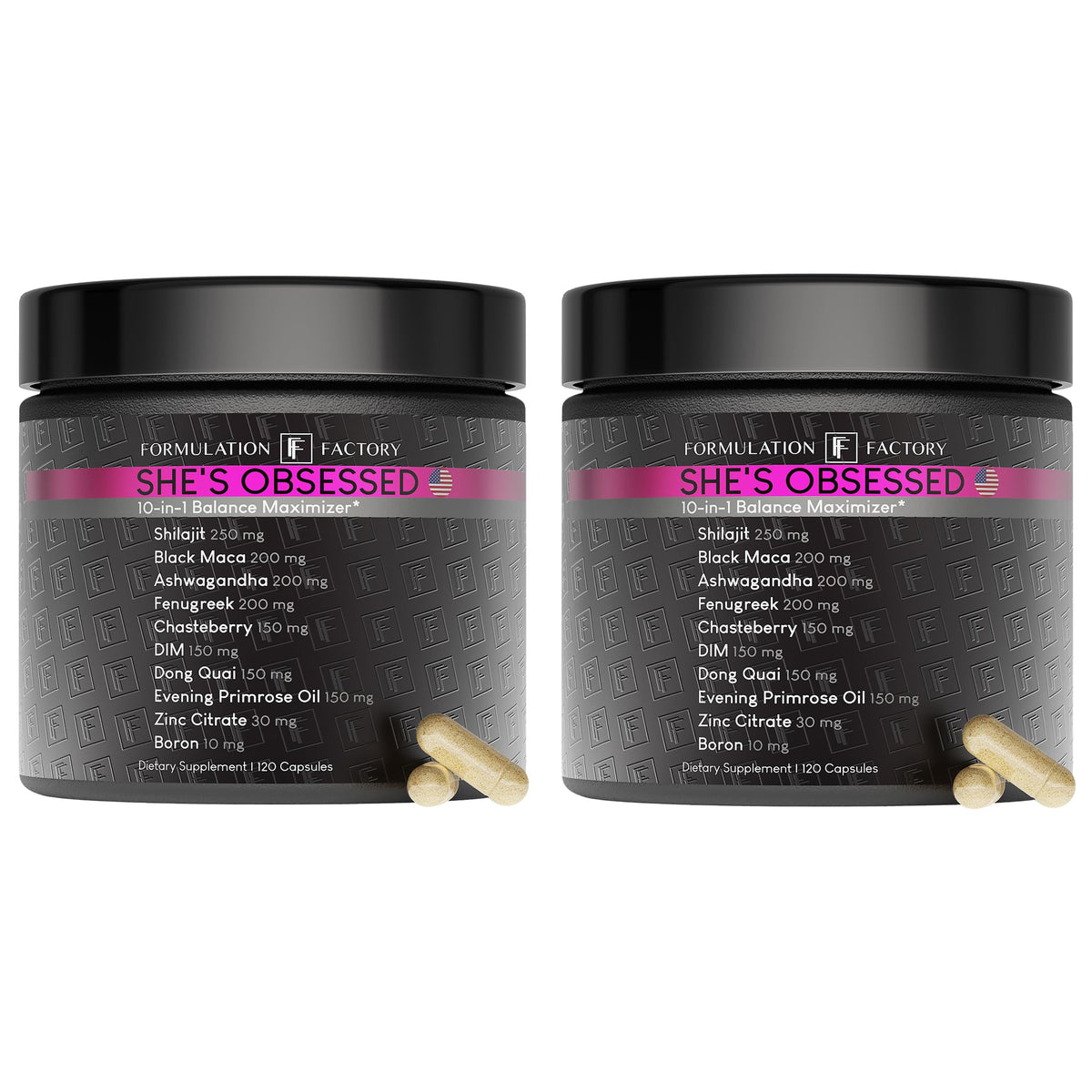 Formulation Factory She's Obsessed bottle pour showing easy daily dosing for balance