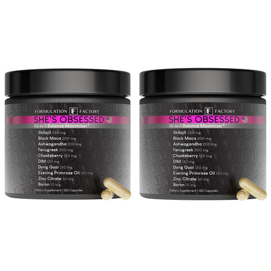Formulation Factory She's Obsessed bottle pour showing easy daily dosing for balance