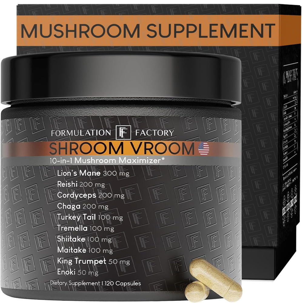 Formulation Factory Shroom Vroom bottle front supports daily focus.