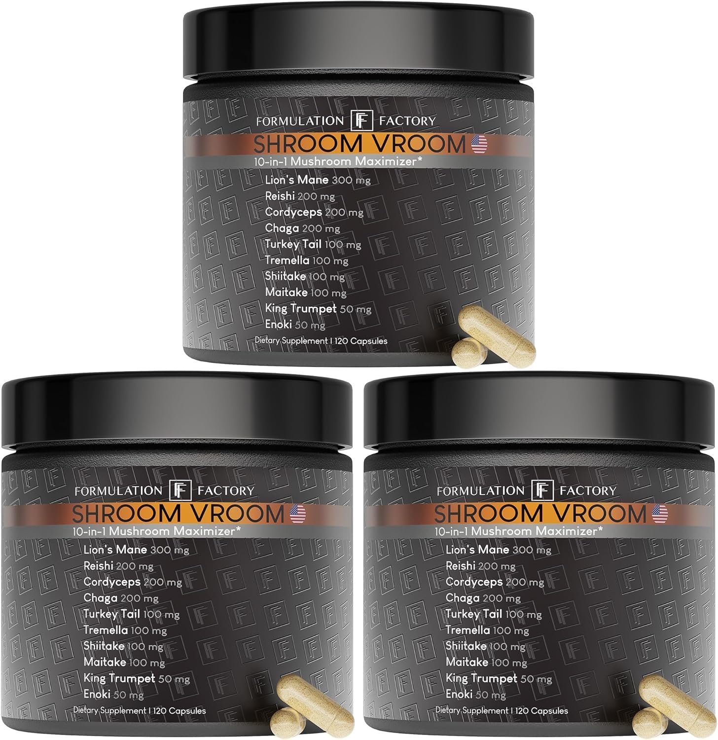 Formulation Factory Shroom Vroom bottle front showing the 10-mushroom blend for focus.