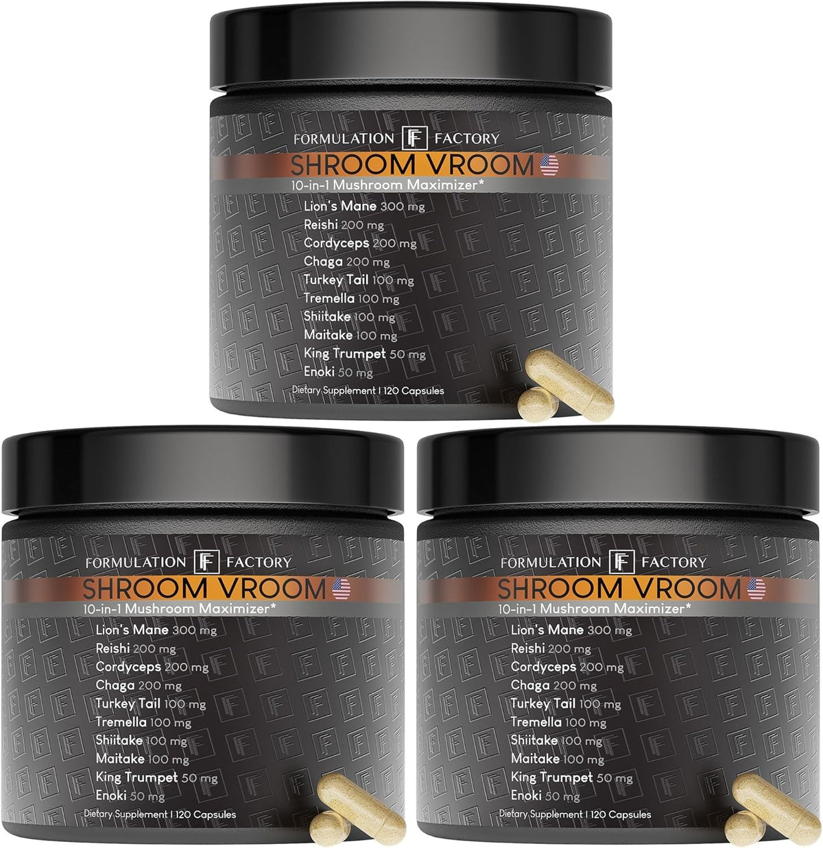 Formulation Factory Shroom Vroom bottle front showing the 10-mushroom blend for focus.