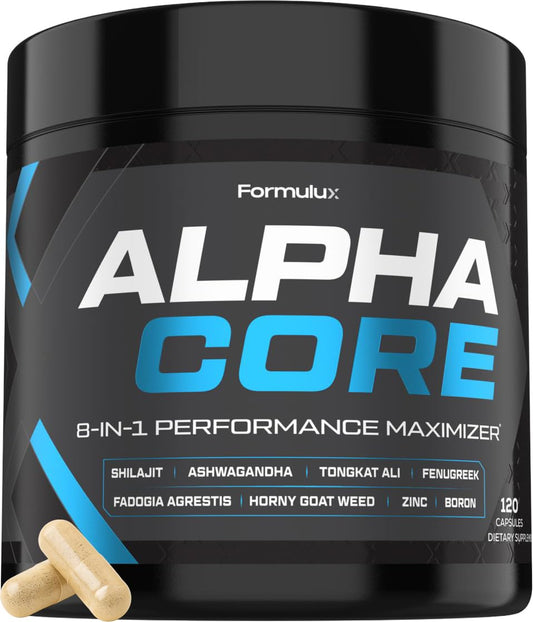 Formulux Alpha Core bottle front showing the 8-in-1 vitality formula for daily energy