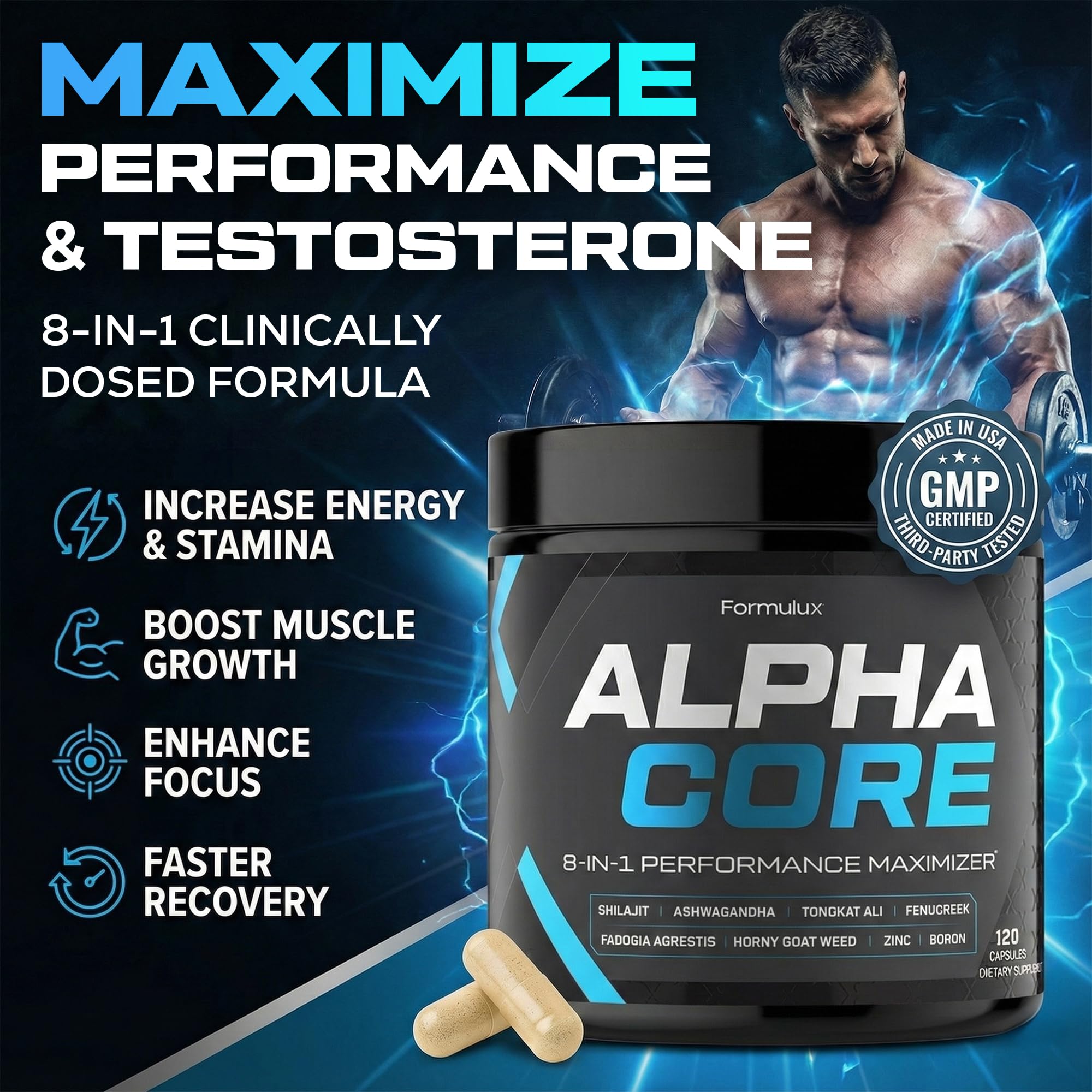 Formulux Alpha Core capsules closeup highlighting easy-to-take capsules