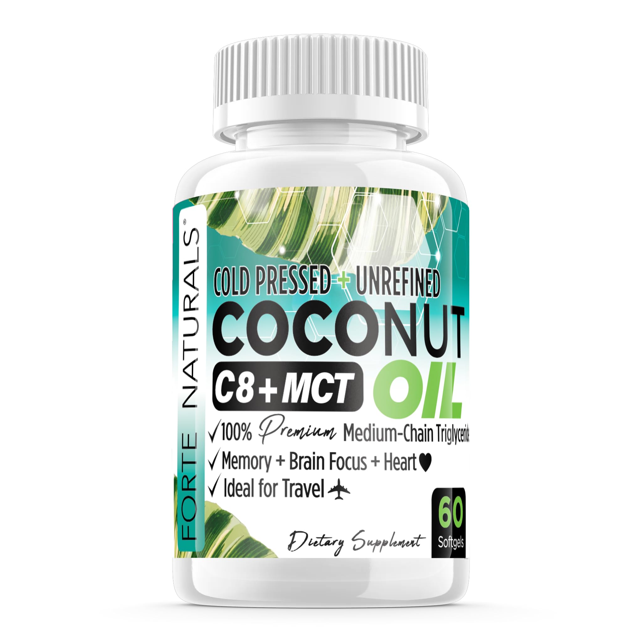 FORTE NATURALS Coconut Oil Softgels bottle closeup for gut health support
